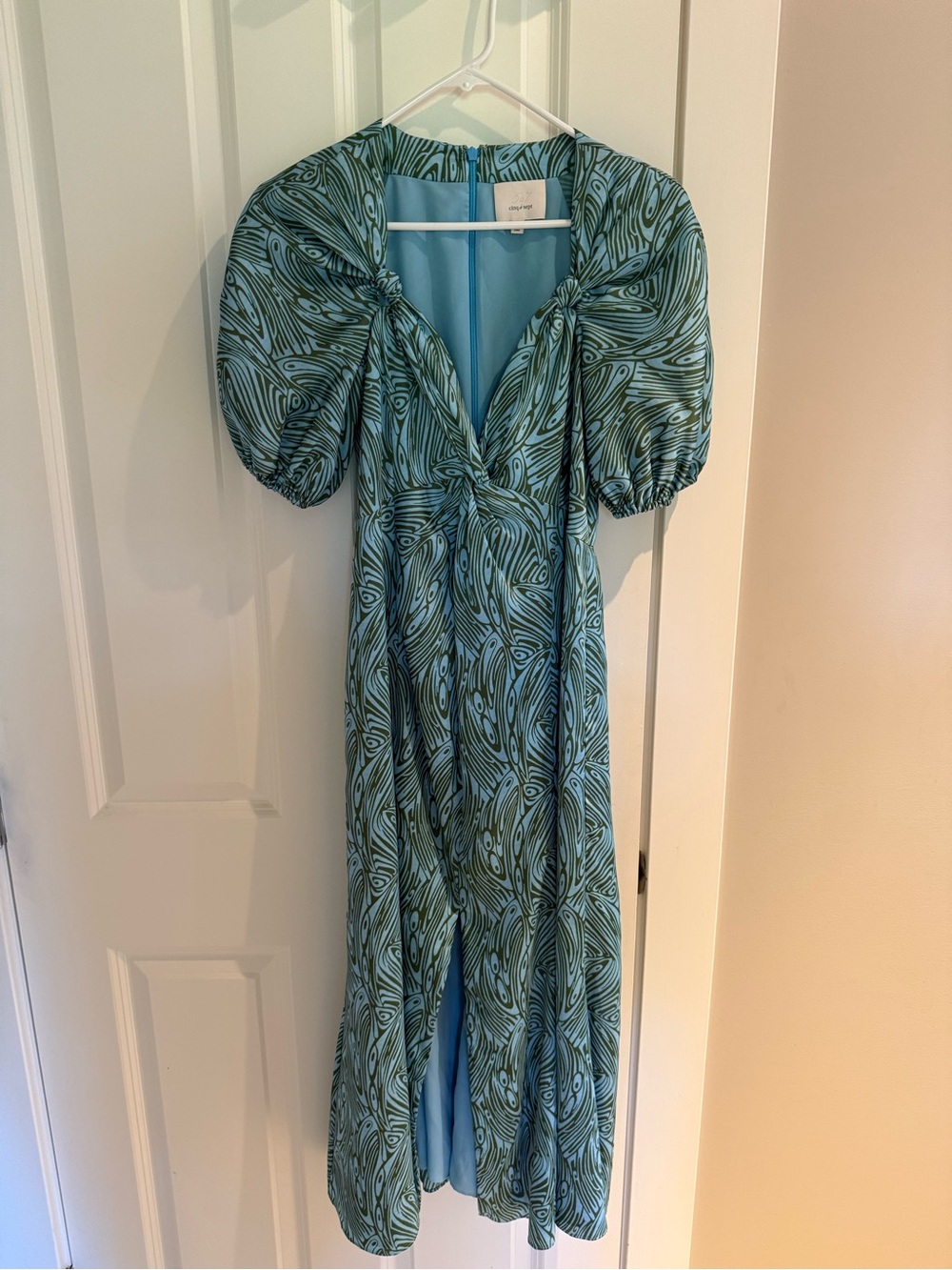 cinq a sept Blue and Green Patterned Tie-Front Dress